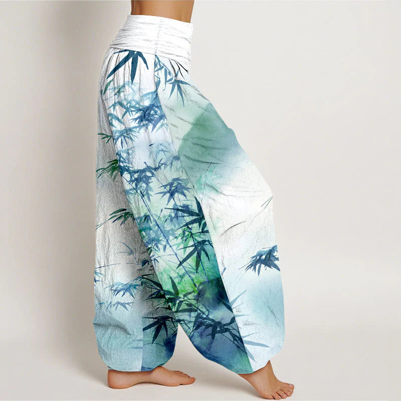 Buddha Stones Pure Cotton Bamboo Leaves Mountain Pattern Women's Elastic Waist Harem Pants