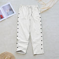 Buddha Stones Summer Plain Patchwork Design Drawstring Cotton Linen Women's Pants With Pockets