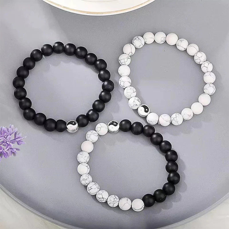 Buddha Stones 3pcs Natural White Turquoise Frosted Stone Bead Yin Yang Wealth Bracelet (Extra 35% Off | USE CODE: FS35)
