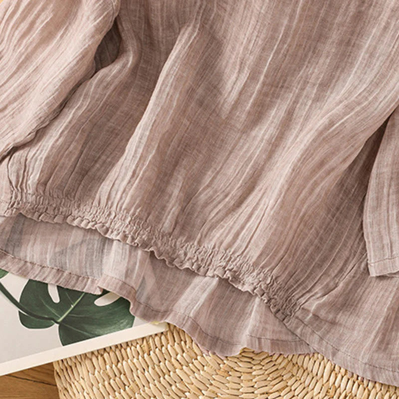 Buddha Stones Casual Summer Plain Crew Neck Women's  Cotton Linen Three Quarter Sleeve T-Shirt