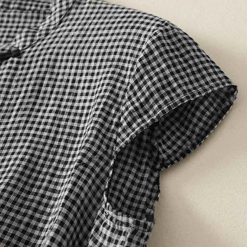 Buddha Stones Summer Crew Neck Frog-Button Short Sleeve Plaid Women's Cotton Shirt