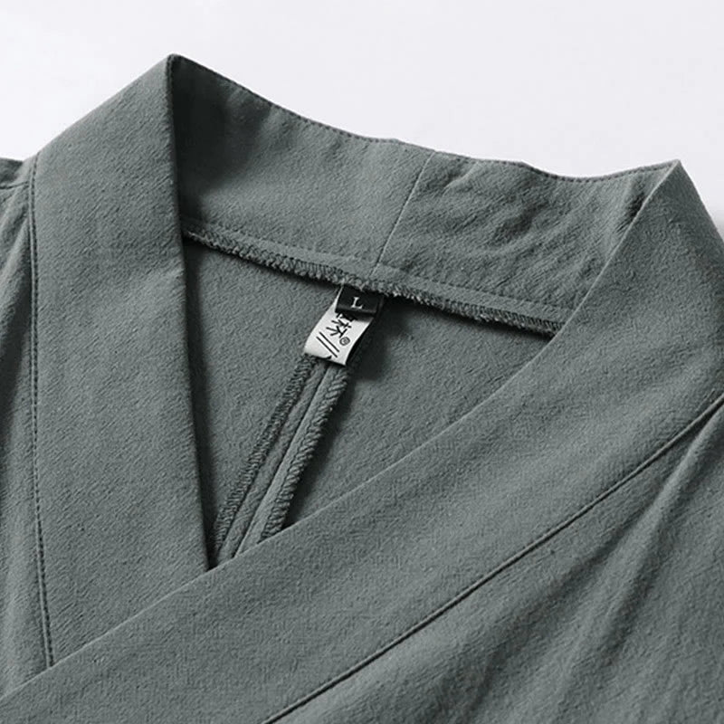 Buddha Stones Plain Lace-up Cotton Linen Men's Three Quarter Sleeve Kimono