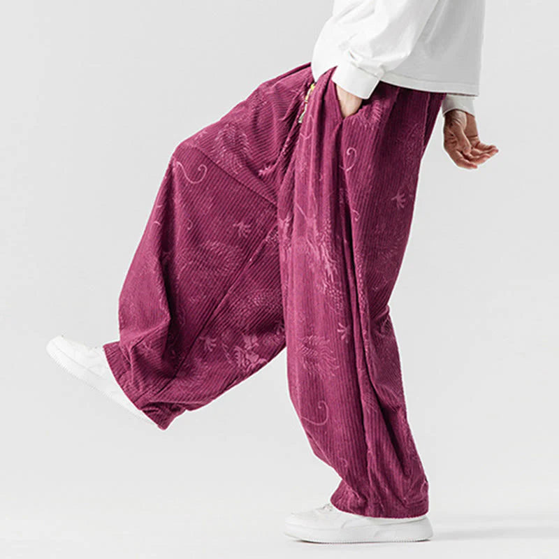 Buddha Stones Winter Dragon Phoenix Pattern Cotton Corduroy Men's Harem Pants With Pockets