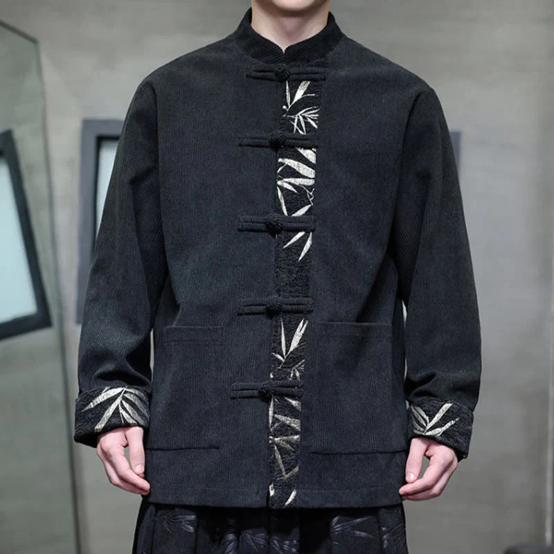 Buddha Stones Fall Bamboo Frog-Button Long Sleeve Men's Corduroy Cotton Jacket With Pockets