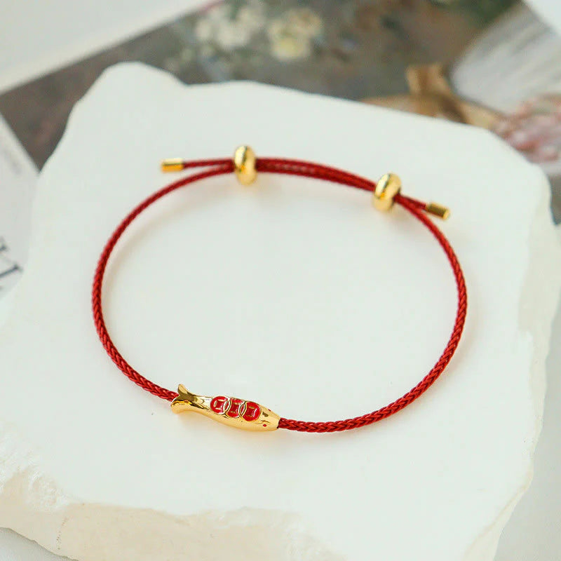 Buddha Stones Brass Koi Fish Red String Wealth Bracelet