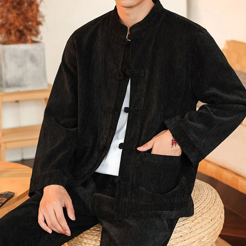 Buddha Stones 2Pcs Winter Thick Men's Tang Suit Frog-Button Cotton Corduroy Long Sleeve Jacket Pants Set With Pockets