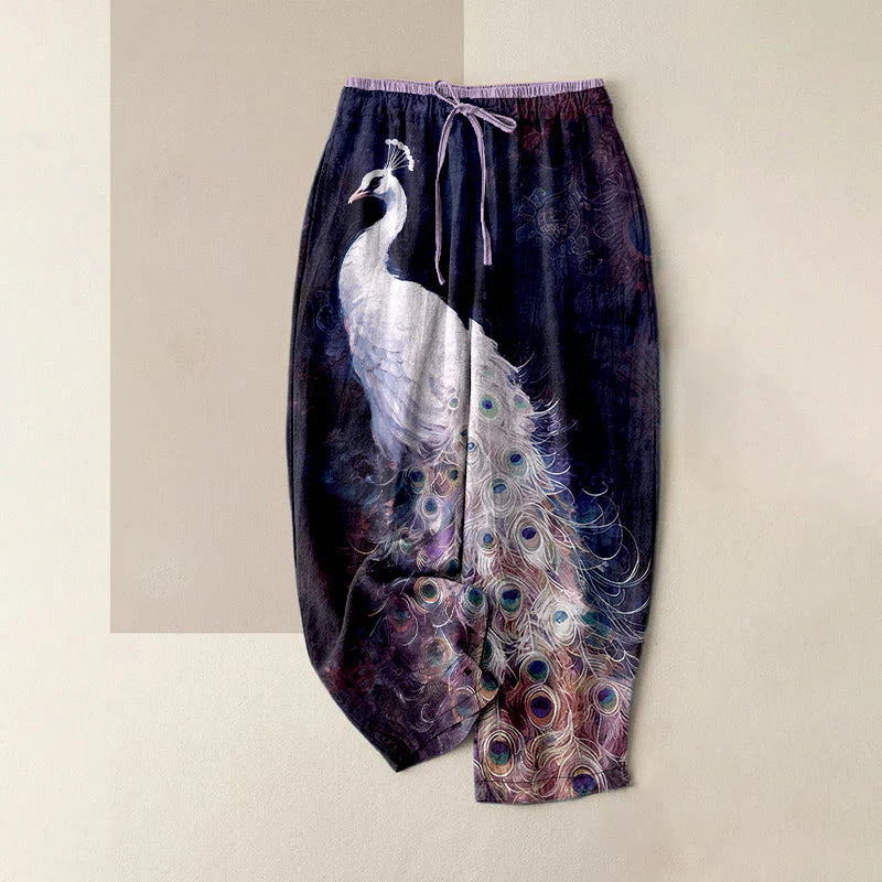 Buddha Stones Cotton Casual Gorgeous Peacock Pattern Women's Elastic Waist Pants With Pockets