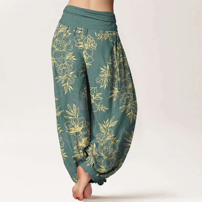 Buddha Stones Cotton Complicated Flowers Leaves Pattern Women's Elastic Waist Harem Pants
