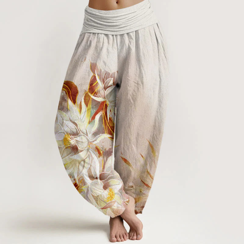 Buddha Stones Cotton Epiphyllum Flowers Design Women's Elastic Waist Harem Pants