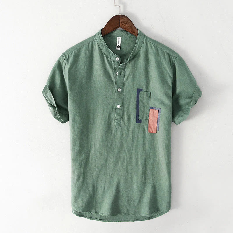 Buddha Stones Daily Plain Patch Color Matching Design Men's Short Sleeve Cotton Linen Shirt