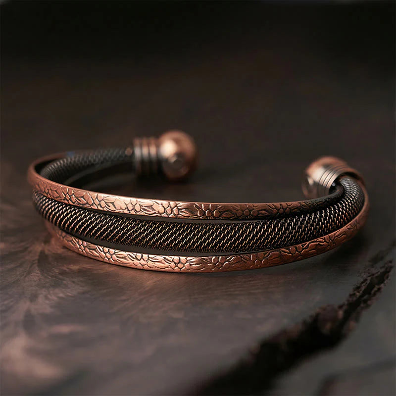 Buddha Stones Retro Textured Flower Pattern Twisted Copper Balance Luck Open Cuff Bracelet Bangle