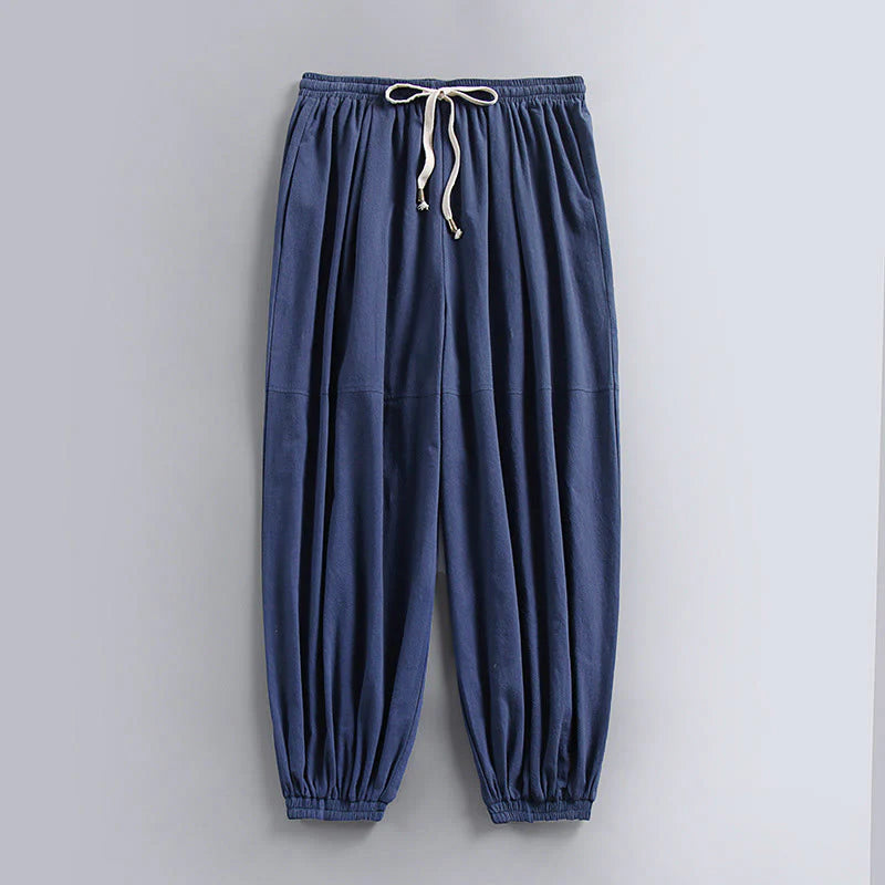Buddha Stones Plain Drawstring Tapered Ankle-Length Men's Cotton Linen Pants With Pockets