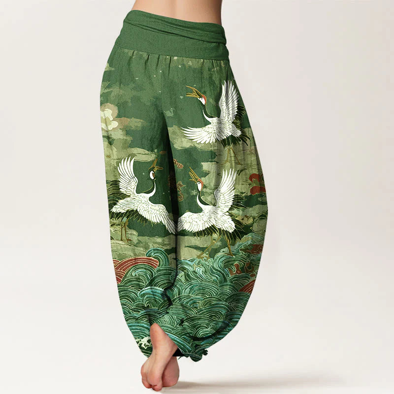 Buddha Stones Cotton Classic Crane Waves Cloud Pattern Women's Elastic Waist Harem Pants