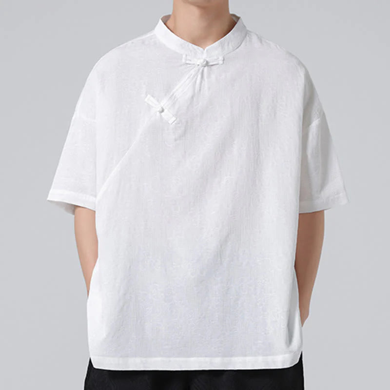 Buddha Stones Retro Pure Color Frog-Button Design Jacquard Flower Pattern Men's Short Sleeve Cotton Linen Shirt