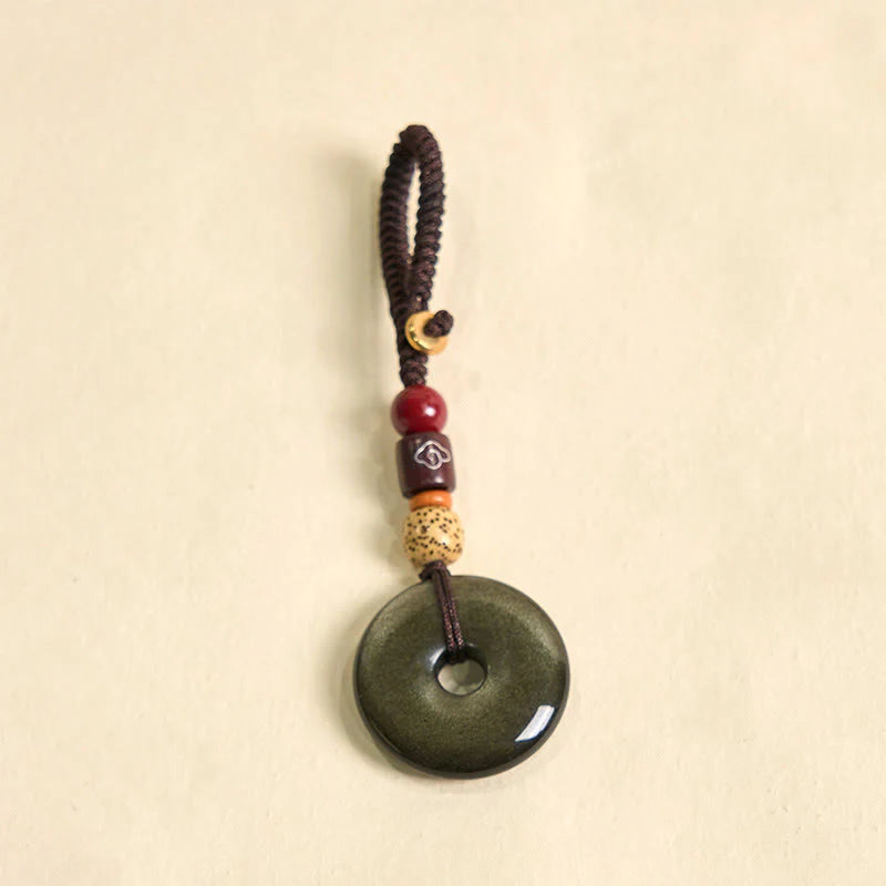 Buddha Stones Natural Gold Sheen Obsidian Peace Buckle Strengthen Key Chain
