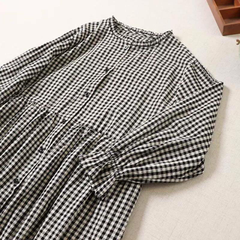 Buddha Stones Long Sleeve Plaid Simple Buttons Ruffled Design Midi Dress With Pockets