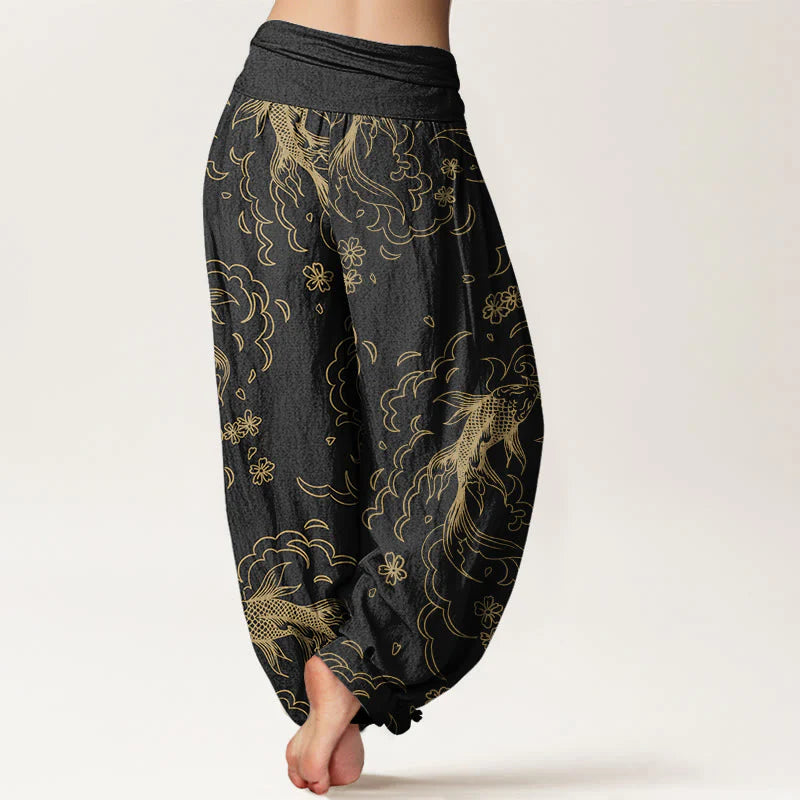 Buddha Stones Cotton Casual Koi Fish Waves And Petal Line Pattern Women's Elastic Waist Harem Pants