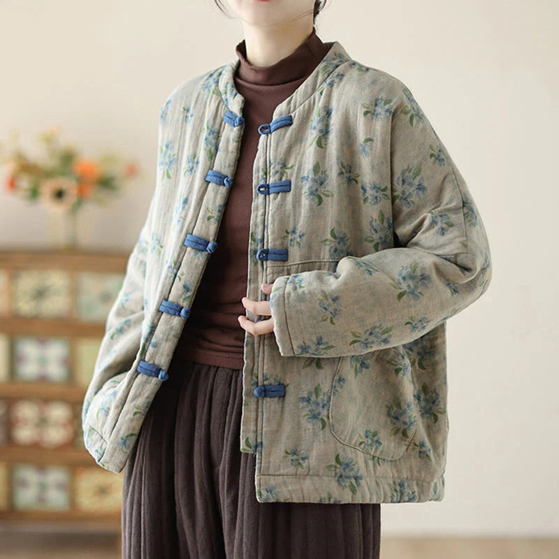 Buddha Stones Women's Long Sleeve Thermal Cotton Printed Florwer Pattern Jacket With Pockets