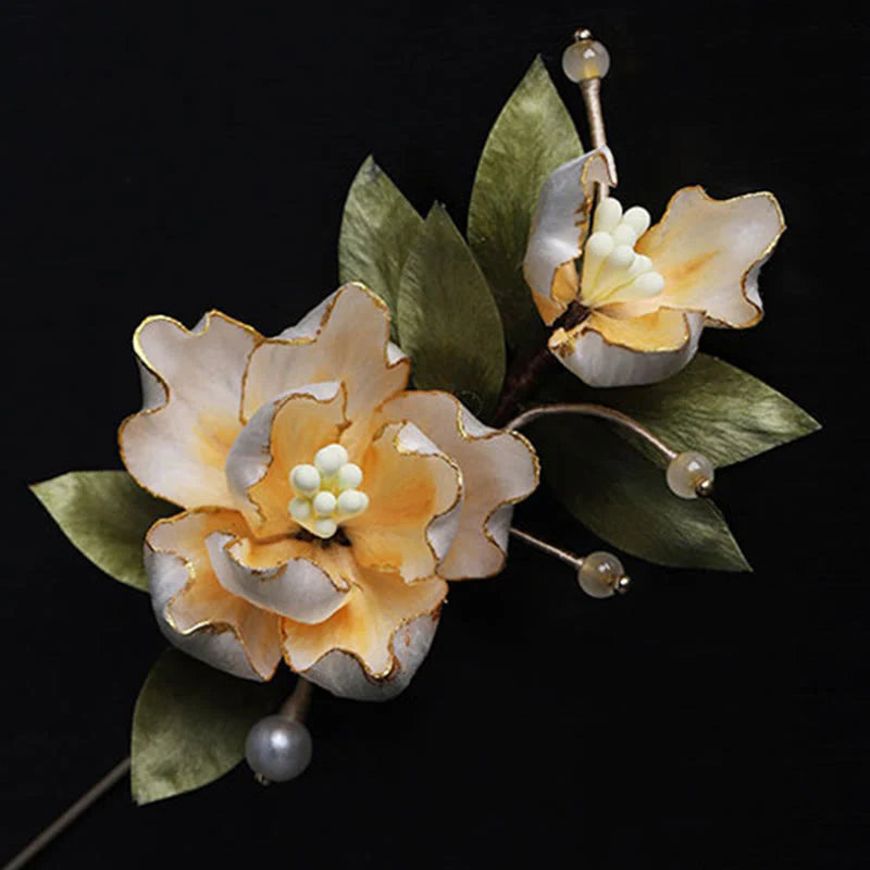 Buddha Stones Handcrafted Silk Art Golden Peony Flower Good Fortune Brooch