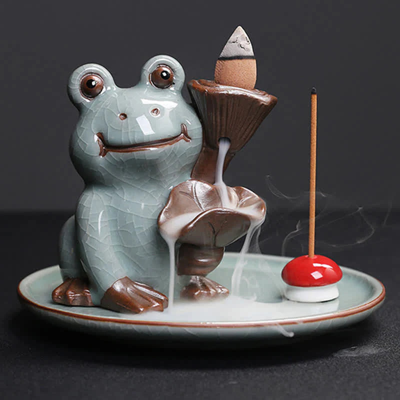 Buddha Stones Meditation Frog Ceramic Lotus Healing Incense Burner