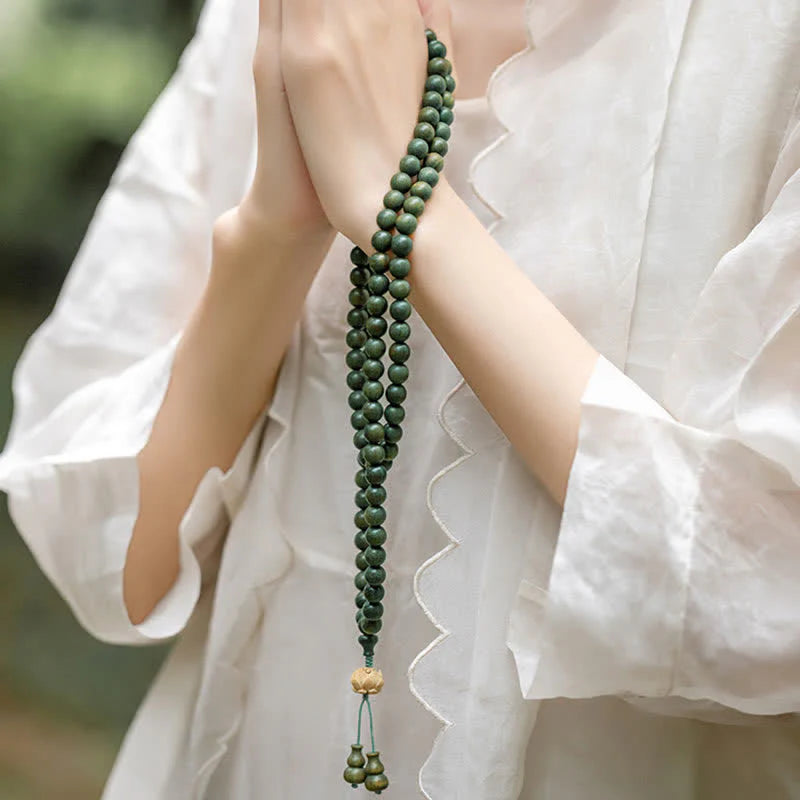 Buddha Stones 108 Mala Beads Green Sandalwood Boxwood Lotus Positive Bracelet (Extra 35% Off | USE CODE: FS35)