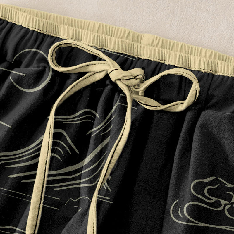 Buddha Stones Cotton Casual Mountain Moon Auspicious Clouds Pattern Women's Elastic Waist Pants With Pockets