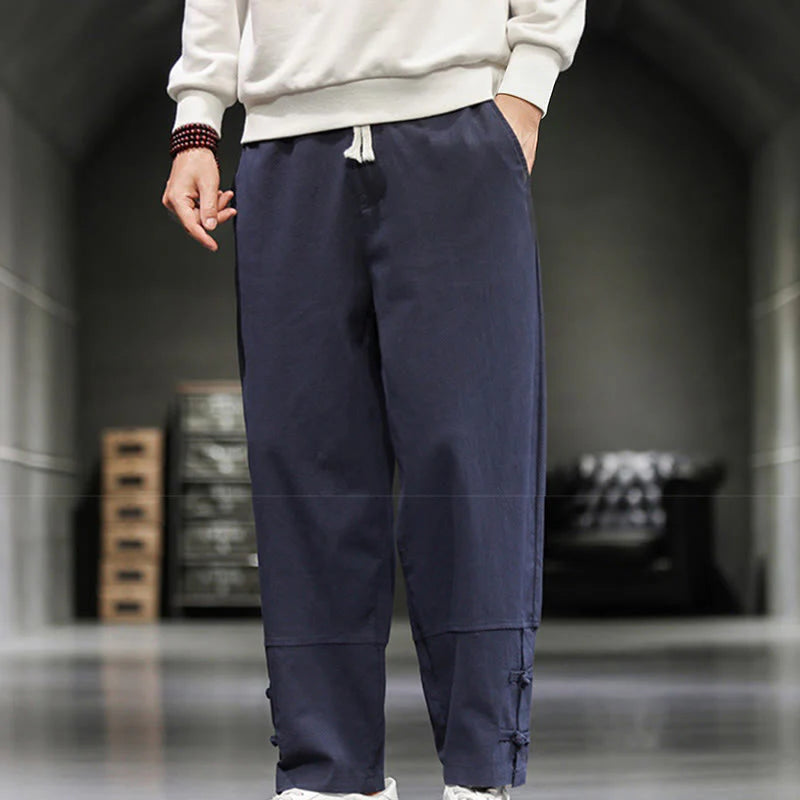 Buddha Stones Drawstring Elastic Waist Frog-Button Ankle-Length Men's Cotton Pants With Pockets