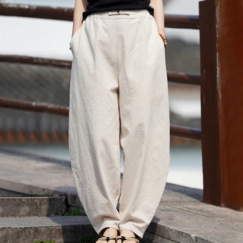 Buddha Stones Summer Plain One Chinese Frog-Button Straight Leg Design Men's Cotton Linen Pants With Pockets