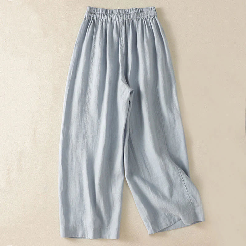 Buddha Stones Commute Plain Design Drawstring Cotton Linen Women's Wide Leg Pants With Pockets