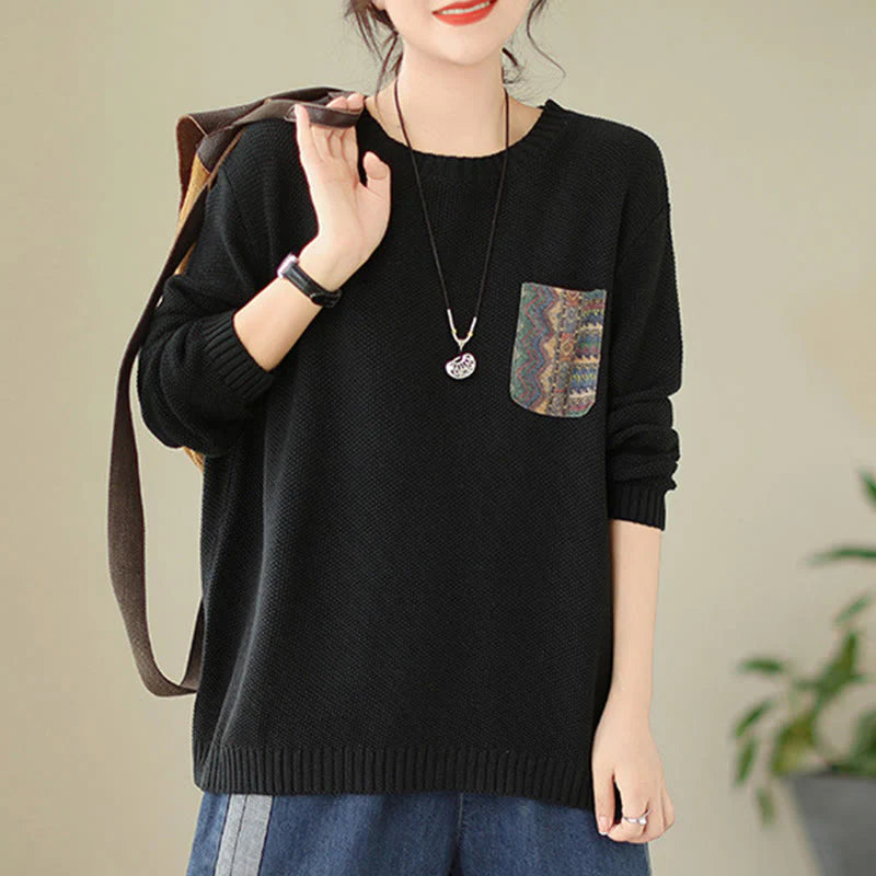 Buddha Stones Fall Floral Decorative Pocket Pattern Knitted Cotton Women's Long Sleeve Sweater