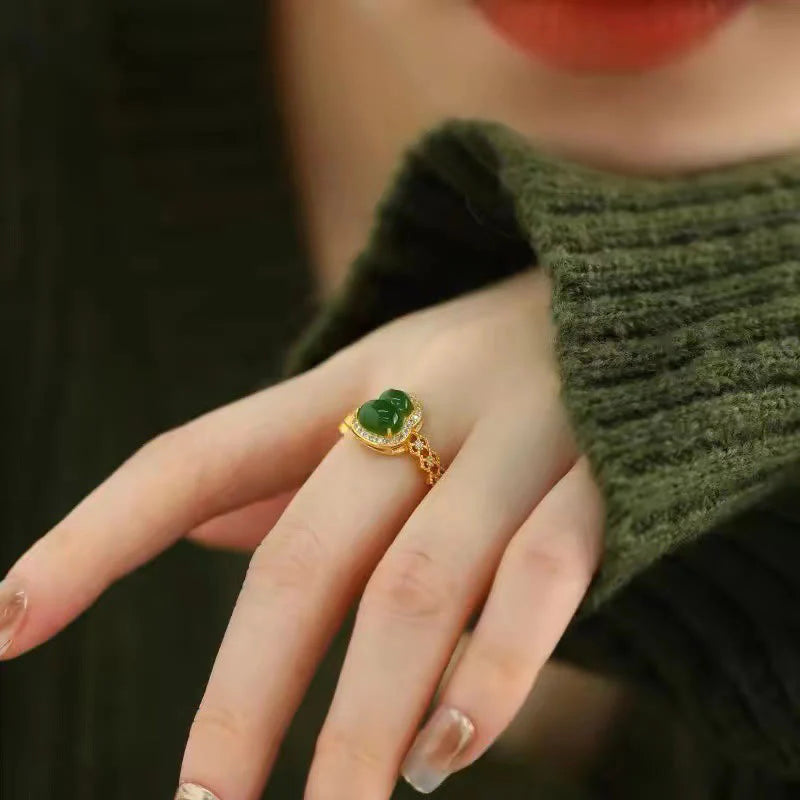 Buddha Stones Vintage Gourd Green Chalcedony Copper Plated Gold Adjustable Wealth Ring