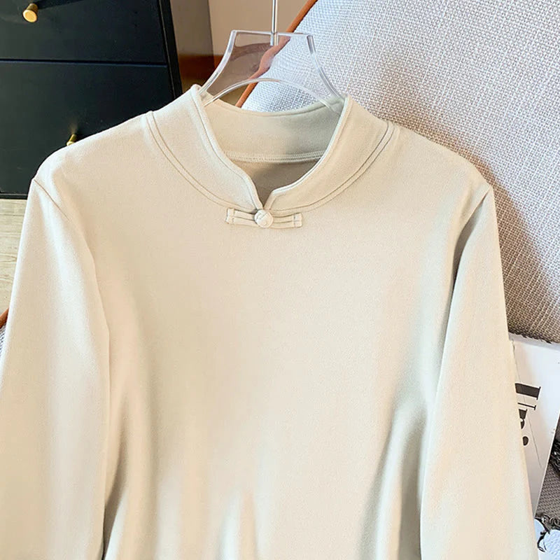 Buddha Stones Spring Solid Color Stand Collar Frog-button Design Women's Cotton Long Sleeve Shirt