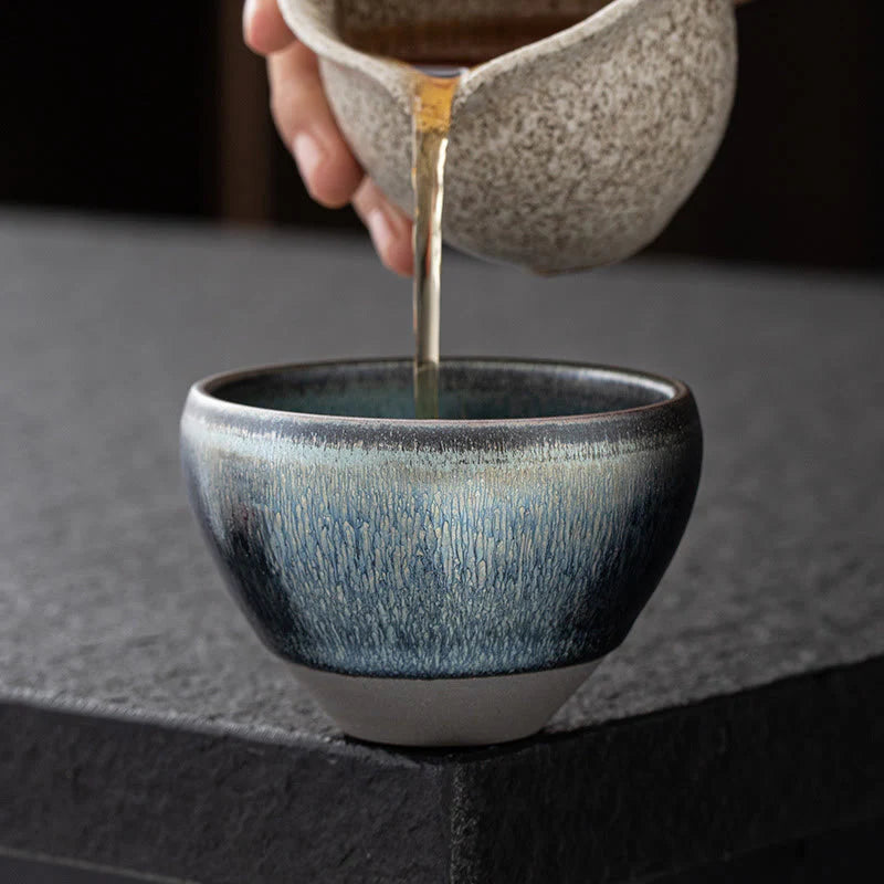 Buddha Stones Vintage Chinese Silver Blue Jianzhan Kiln Change Porcelain Teacup Kung Fu Tea Cup