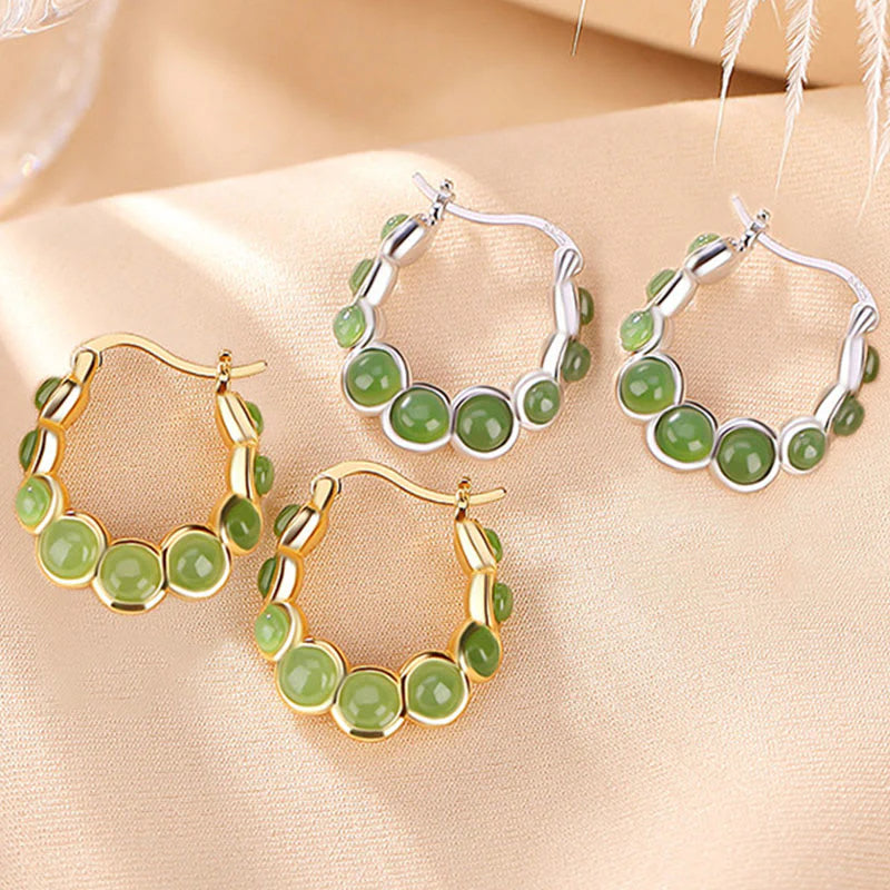Buddha Stones 925 Sterling Silver Plated Gold Hetian Cyan Jade Pea Ear Clip Prosperity Earrings  (Extra 30% Off | USE CODE: FS30)