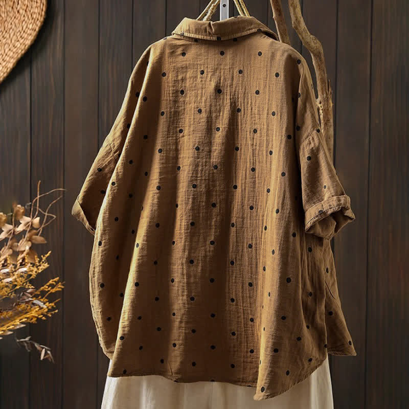 Buddha Stones Women's Commute Short Sleeve Polka Dot Lapel Cotton Shirt With Pockets