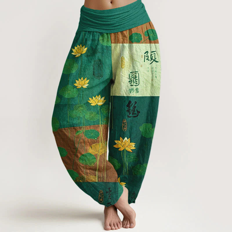 Buddha Stones Pure Cotton Strong Visual Impact Lotus Flowers Leaves Pattern Women's Elastic Waist Harem Pants