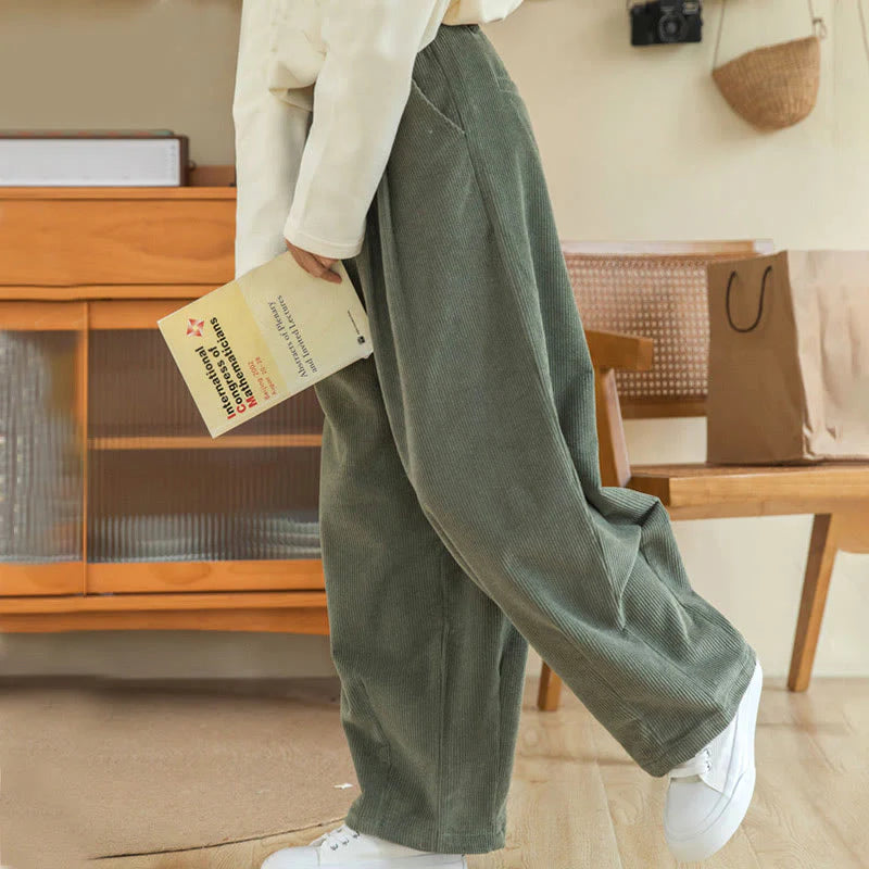 Buddha Stones Women's High Waist Zipper Design Wide Leg Cotton Corduroy Pants With Pockets