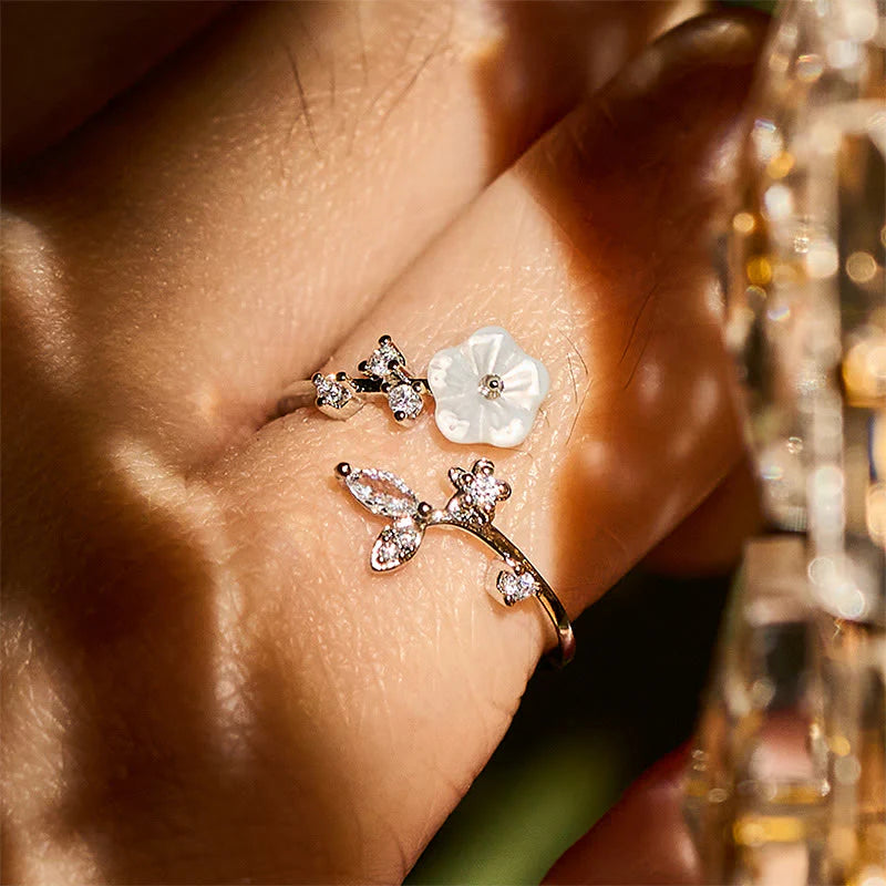Buddha Stones White Flower Design Adjustable Healing Copper Ring