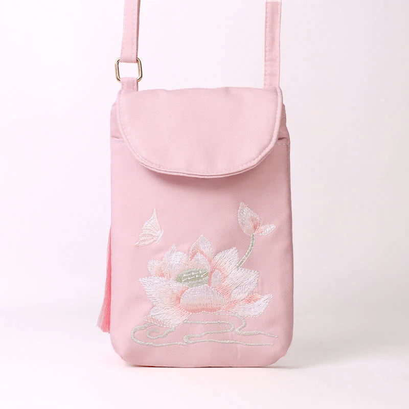 Buddha Stones Small Embroidered Flowers Crossbody Bag Shoulder Bag Double Layer Cellphone Bag