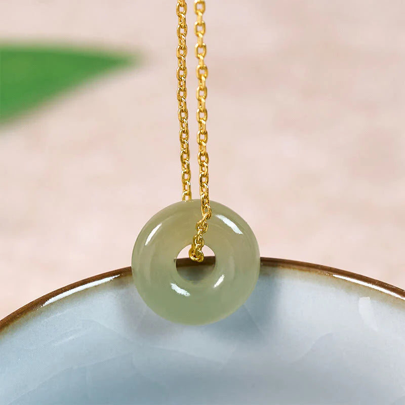 Buddha Stones Natural Green Jade Peace Buckle Prosperity Necklace Pendant