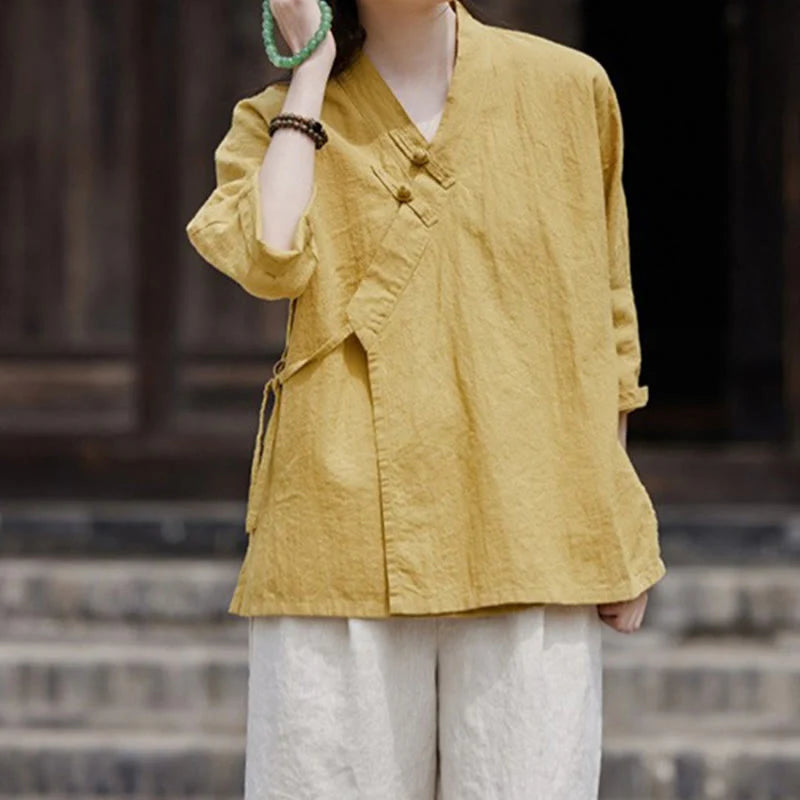 Buddha Stones Vintage  Zen Pure Color Lace Up Side Patchwork Design Women's Cotton Linen Half Sleeve Shirt Cardigan
