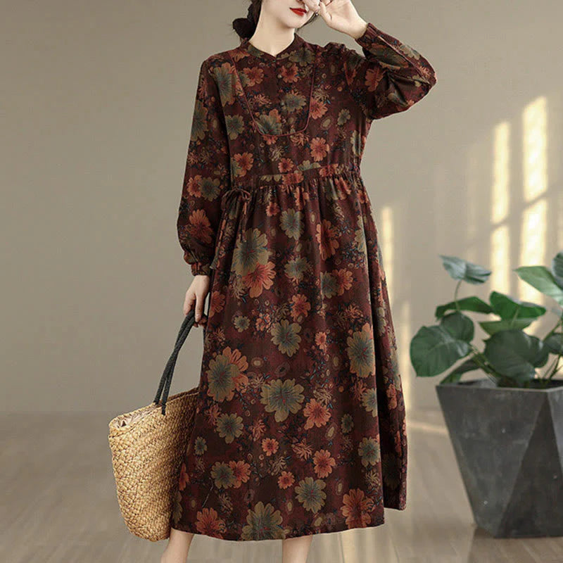 Buddha Stones Flower Pattern Long Sleeve Cotton Midi Dress With Pockets