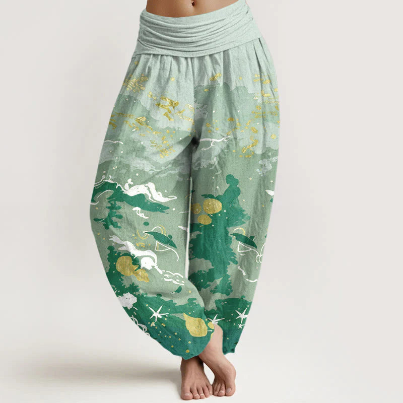 Buddha Stones Cotton Waves Sky Pattern Women's Elastic Waist Harem Pants