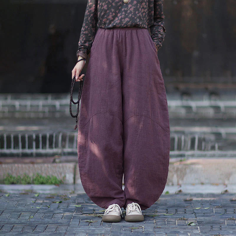 Buddha Stones Winter Elastic Waist Ramie Cotton Thermal Women's Pants With Pockets
