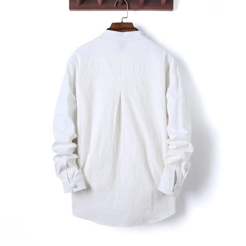 Buddha Stones 2Pcs Solid Color Men's Frog-Button Long Sleeve Cotton Shirt Pants Set With Pockets