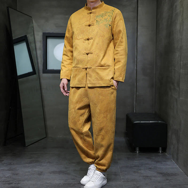 Buddha Stones 2Pcs Spring Dragon Bamboo Clouds Men's Tang Suit Frog-Button Cotton Long Sleeve Jacket Pants Set With Pockets