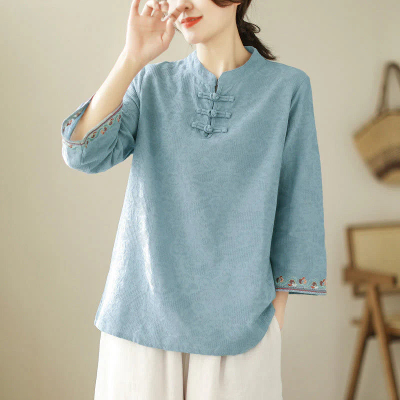 Buddha Stones Jacquard Frog-button Stand Collar Embroidered Three Quarter Sleeve Design Women's Cotton Shirt