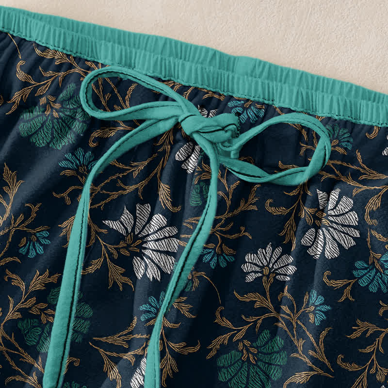 Buddha Stones Flowersl Vine Elastic Waist Drawstring Women's Cotton Pants With Pockets