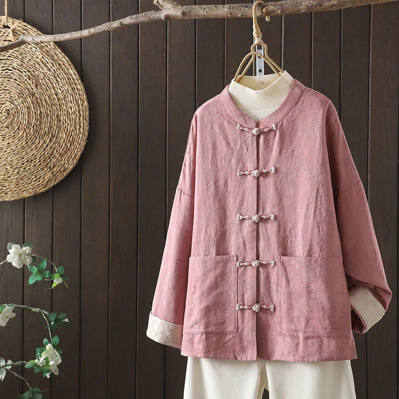 Buddha Stones Casual Women's Flower Pattern Long Sleeve Stand Collar Cotton Shirt