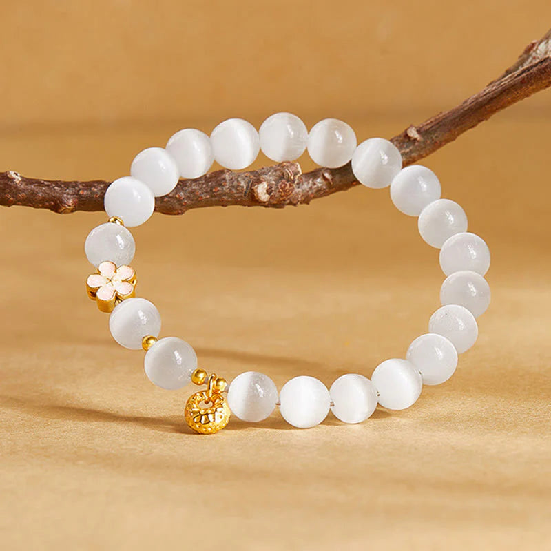 Buddha Stones 925 Sterling Silver Peach Blossom Lucky Bag White Cat's Eye Luck Bracelet